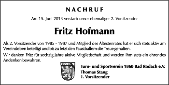 Traueranzeige von Fritz Hofmann von Neue Presse Coburg