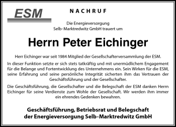 Traueranzeige von Peter Eichinger von Frankenpost