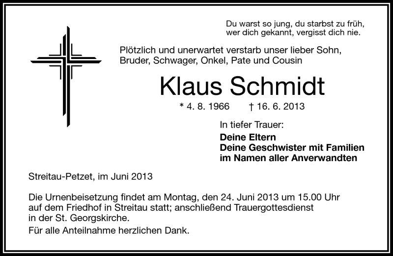  Traueranzeige für Klaus Schmidt vom 22.06.2013 aus Frankenpost