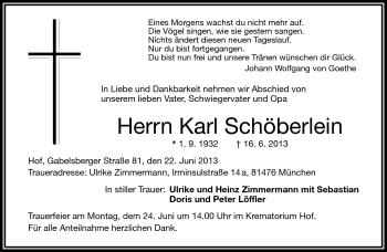 Traueranzeige von Karl Schöberlein von Frankenpost