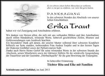 Traueranzeige von Erika Traut von Südthüringer Presse