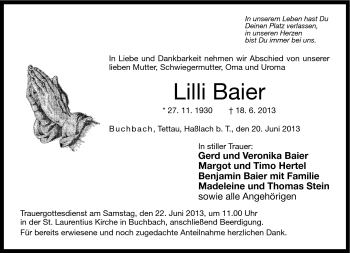 Traueranzeige von Lilli Baier von Neue Presse Coburg
