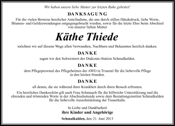 Traueranzeige von Käthe Thiede von Südthüringer Presse
