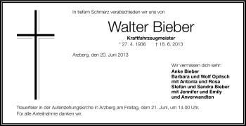Traueranzeige von Walter Bieber von Frankenpost
