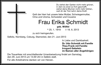 Traueranzeige von Erika Schmidt von Frankenpost