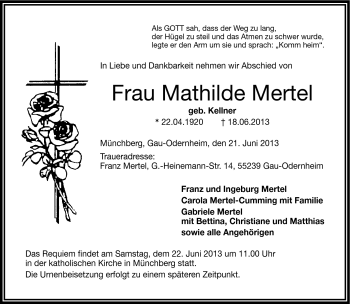 Traueranzeige von Mathilde Mertel von Frankenpost