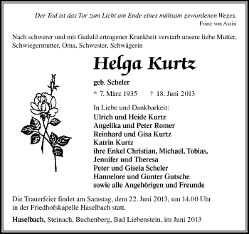 Traueranzeige von Helga Kurtz von Südthüringer Presse