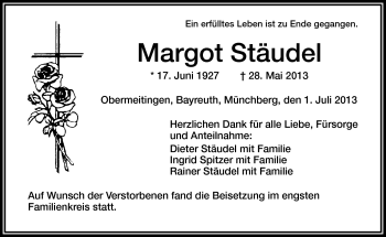 Traueranzeige von Margot Stäudel von Frankenpost