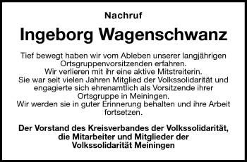 Traueranzeige von Ingeborg Wagenschwanz von Südthüringer Presse