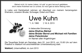 Traueranzeige von Uwe Kuhn von Südthüringer Presse