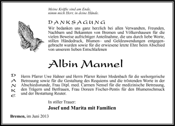 Traueranzeige von Albin Mannel von Südthüringer Presse