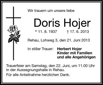 Traueranzeige von Doris Hojer von Frankenpost