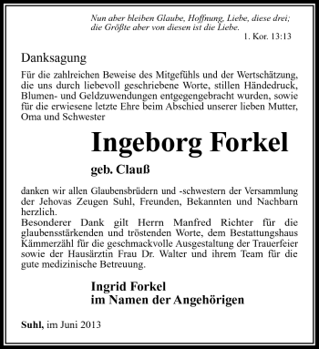 Traueranzeige von Ingeborg Forkel von Südthüringer Presse