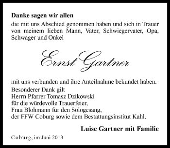 Traueranzeige von Ernst Gartner von Neue Presse Coburg