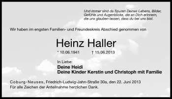 Traueranzeige von Heinz Haller von Neue Presse Coburg