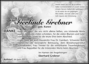 Traueranzeige von Gerlinde Grebner von Südthüringer Presse