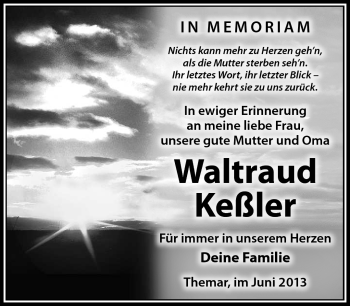 Traueranzeige von Waltraud Keßler von Südthüringer Presse