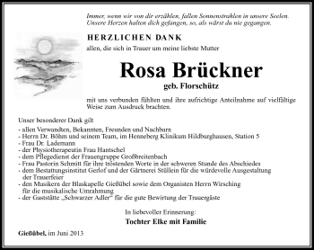 Traueranzeige von Rosa Brückner von Südthüringer Presse