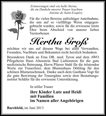 Traueranzeige von Hertha Groß von Südthüringer Presse