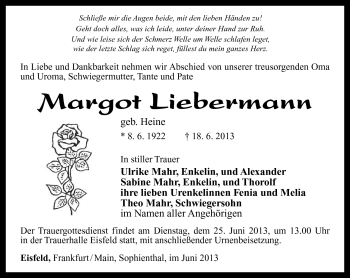 Traueranzeige von Margot Liebermann von Südthüringer Presse