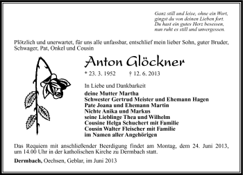 Traueranzeige von Anton Glöckner von Südthüringer Presse