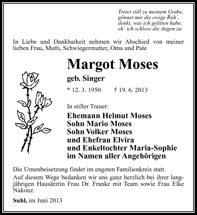  Traueranzeige für Margot Moses vom 22.06.2013 aus Südthüringer Presse