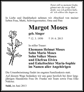 Traueranzeige von Margot Moses von Südthüringer Presse