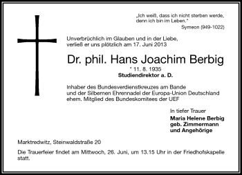 Traueranzeige von Hans Joachim Berbig von Frankenpost