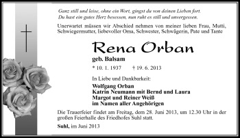 Traueranzeige von Rena Orban von Südthüringer Presse