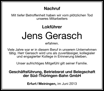 Traueranzeige von Jens Gerasch von Südthüringer Presse
