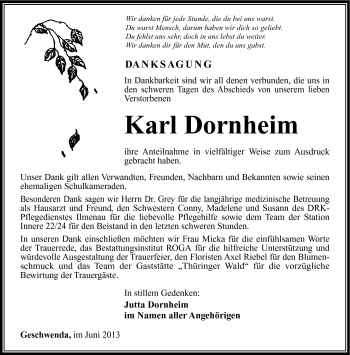 Traueranzeige von Karl Dornheim von Südthüringer Presse