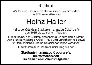 Traueranzeige von Heinz Haller von Neue Presse Coburg
