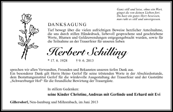 Traueranzeige von Herbert Schilling von Südthüringer Presse