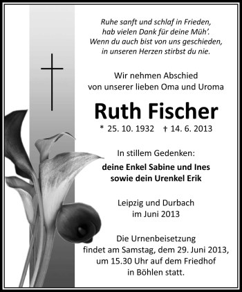 Traueranzeige von Ruth Fischer von Südthüringer Presse