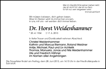 Traueranzeige von Horst Weidenhammer von Südthüringer Presse