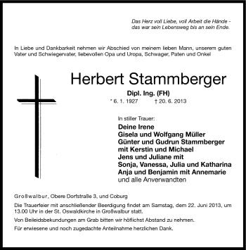 Traueranzeige von Herbert Stammberger von Neue Presse Coburg