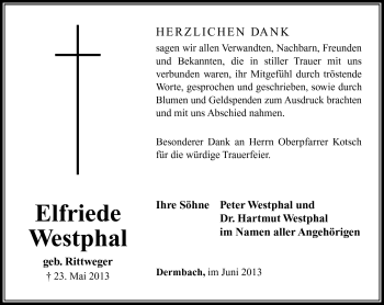 Traueranzeige von Elfriede Westphal von Südthüringer Presse