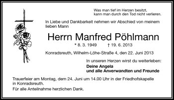 Traueranzeige von Manfred Pöhlmann von Frankenpost