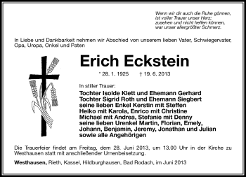 Traueranzeige von Erich Eckstein von Südthüringer Presse