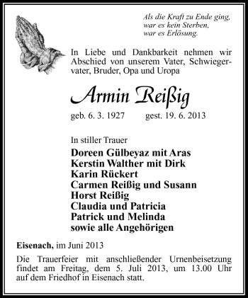 Traueranzeige von Armin Reißig von Südthüringer Presse
