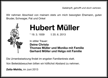 Traueranzeige von Hubert Müller von Südthüringer Presse