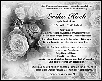 Traueranzeige von Erika Koch von Südthüringer Presse