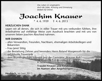 Traueranzeige von Joachim Knauer von Südthüringer Presse
