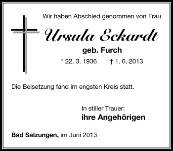 Traueranzeige von Ursula Eckardt von Südthüringer Presse