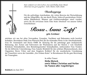 Traueranzeige von Rosa Anna Zapf von Südthüringer Presse