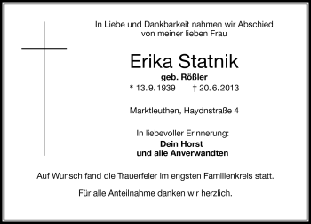 Traueranzeige von Erika Statnik von Frankenpost