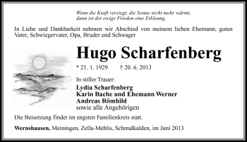 Traueranzeige von Hugo Scharfenberg von Südthüringer Presse
