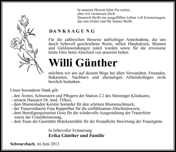 Traueranzeige von Willi Günther von Südthüringer Presse