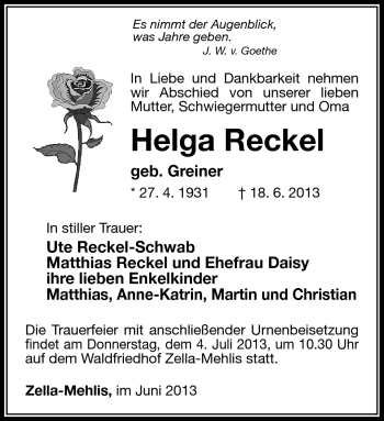 Traueranzeige von Helga Reckel von Südthüringer Presse