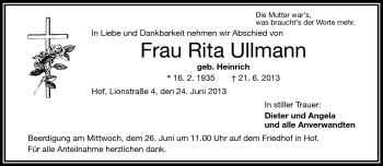 Traueranzeige von Rita Ullmann von Frankenpost